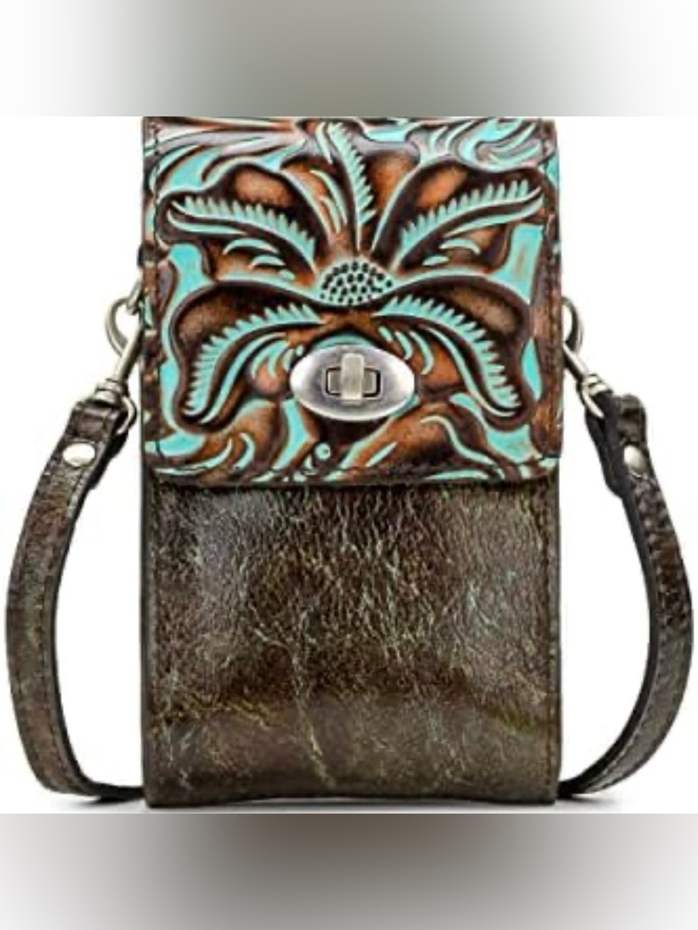Patricia Nash Rivella Brown and Turquoise Tooled Leather Crossbody